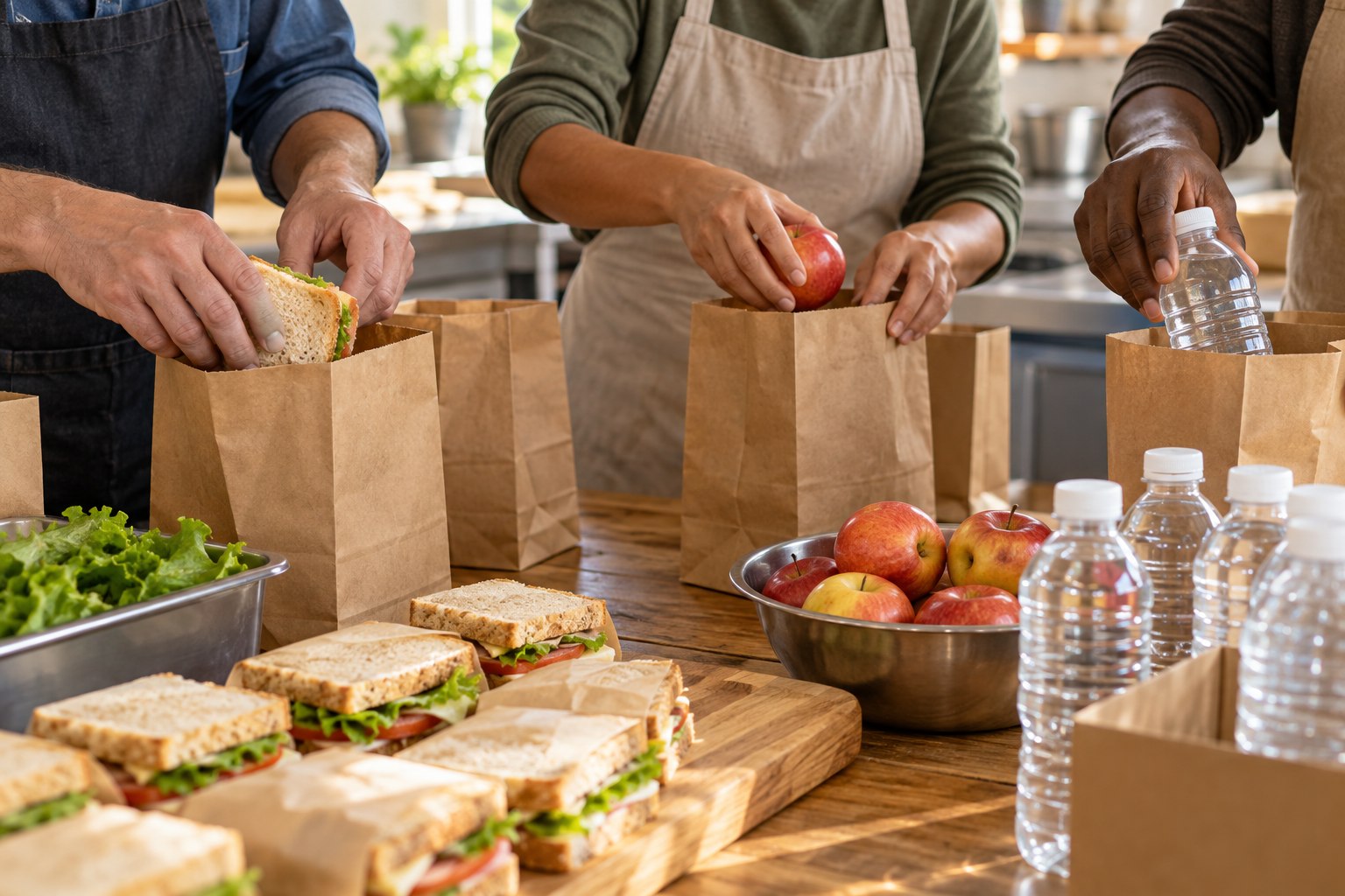 Hands preparing sandwiches, fruit and water for community outreach